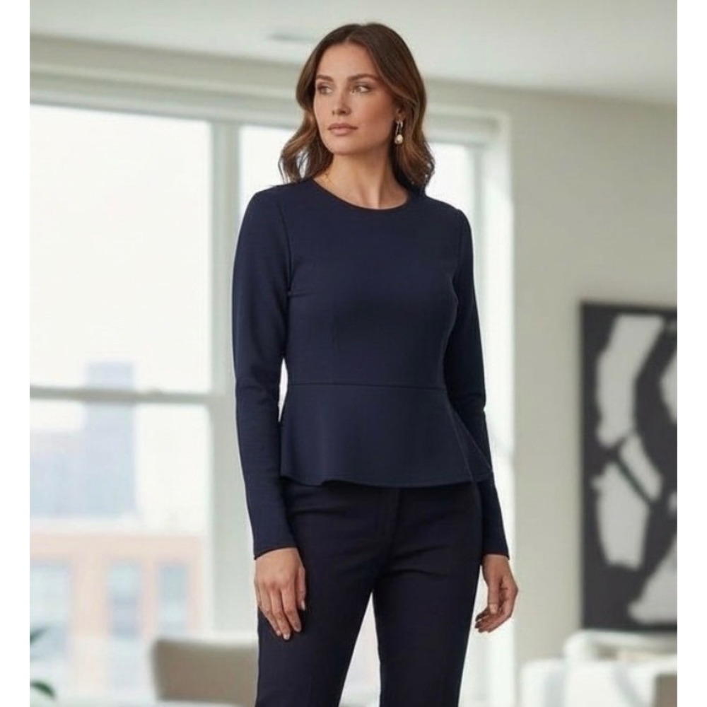 J Brand Navy‎ Blue Peplum Zip Back Long Sleeve Top Office Basic Chic Womens M
